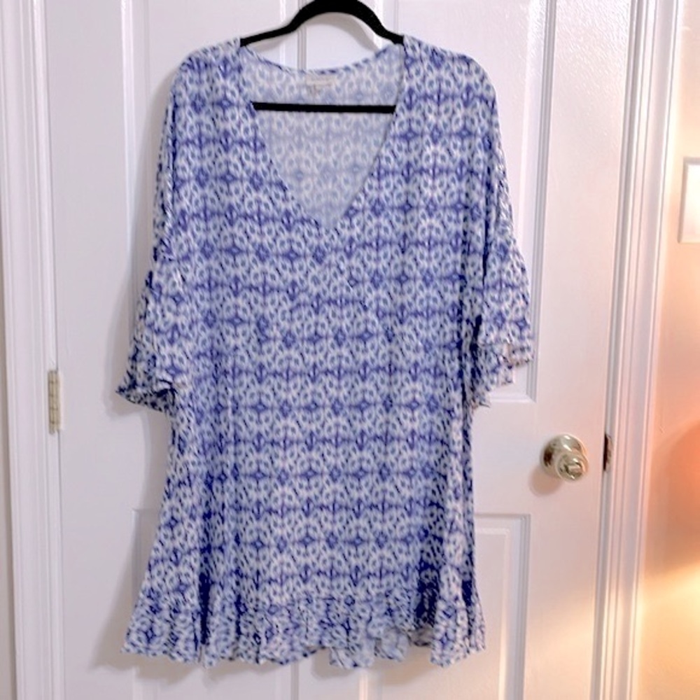Avenue Blue and White Printed V-Neck Tunic